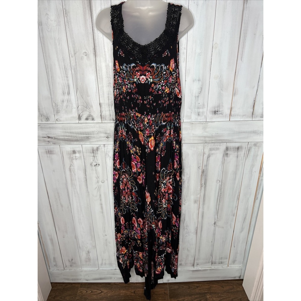 WOMENS BILA BLACK FLORAL CRINKLE GAUZE SMOCKED CROCHET SLEEVELESS MAXI DRESS L
